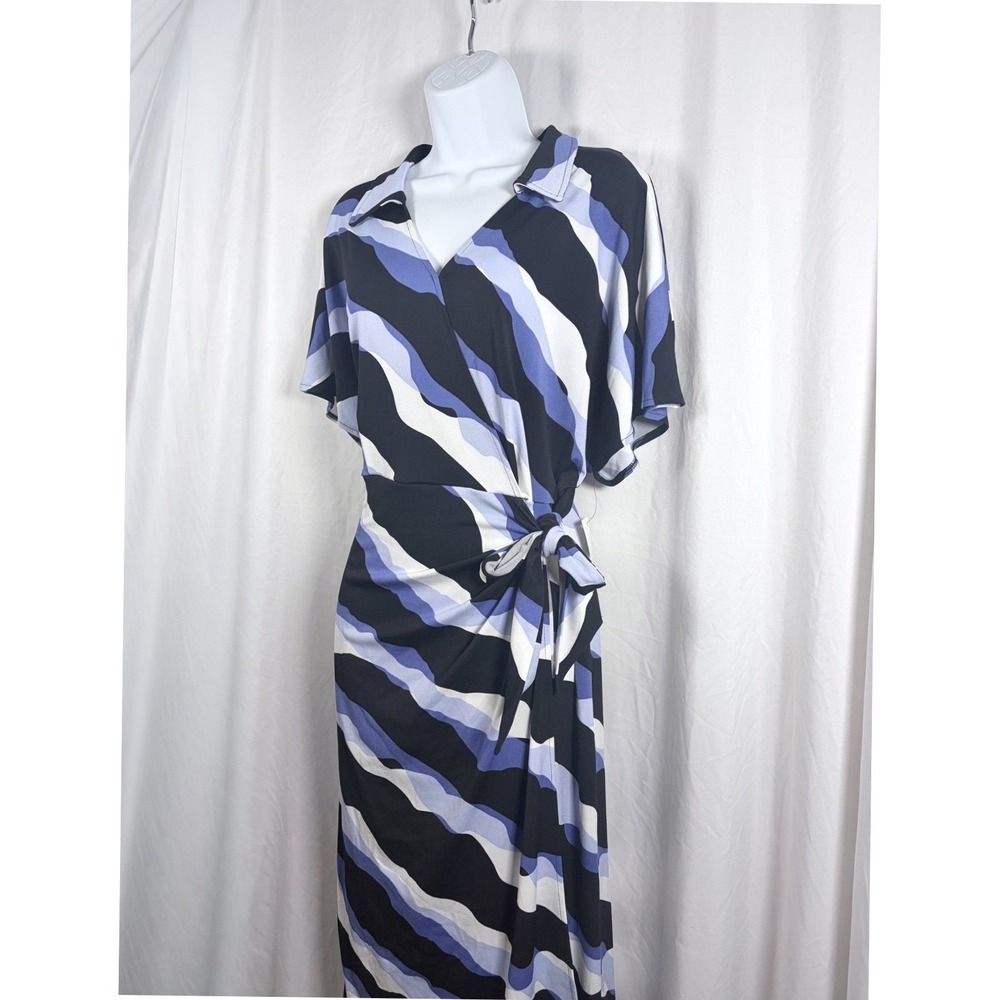 Nine‎ West Faux Wrap Dress Blue Black Wavy Abstract Print Short Sleeve 0X